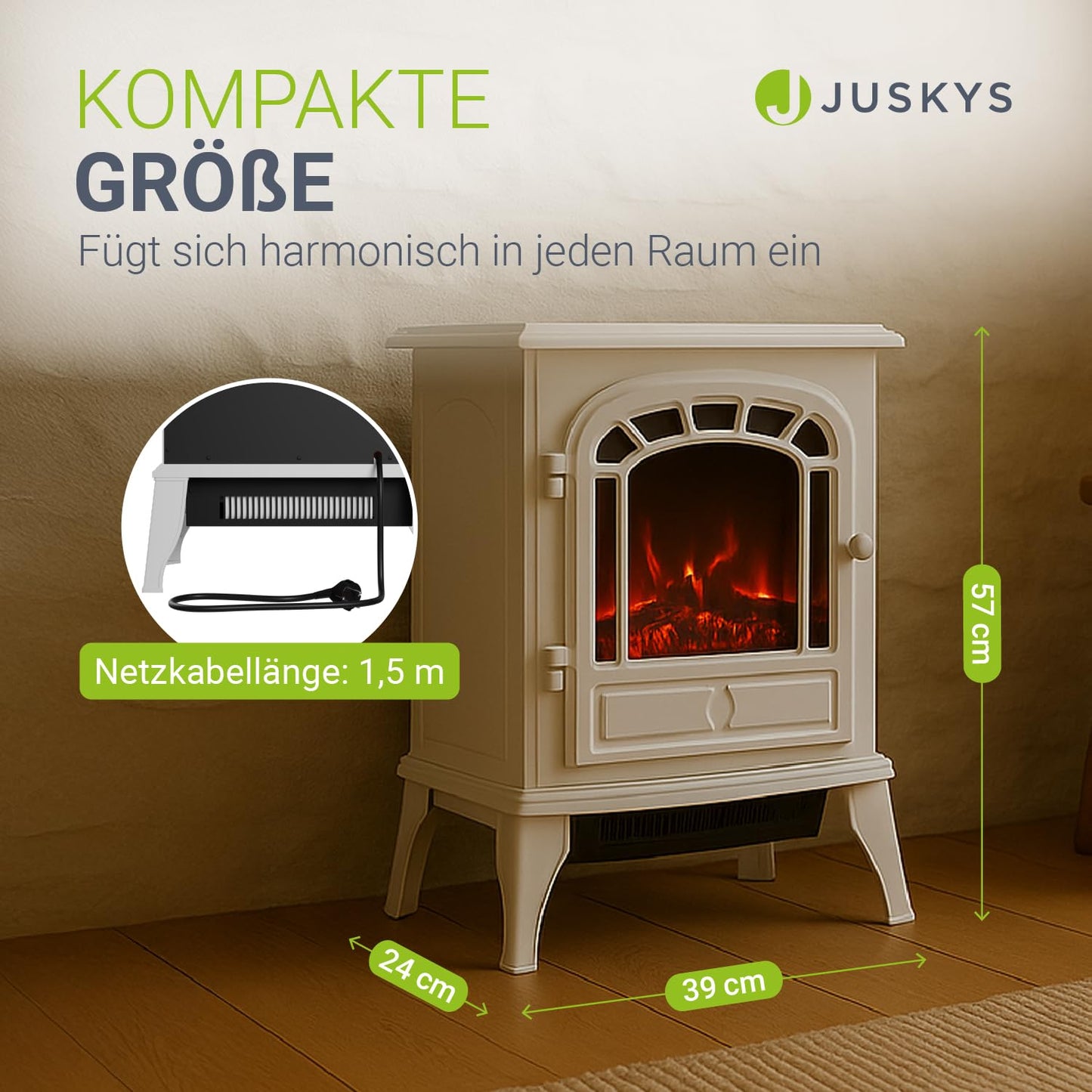 Juskys Electric Fireplace 2000W - White, Electric Standing Fireplace with Flame Effect, 2 Heat Settings, Thermostat & Safety Shutdown for Living Room