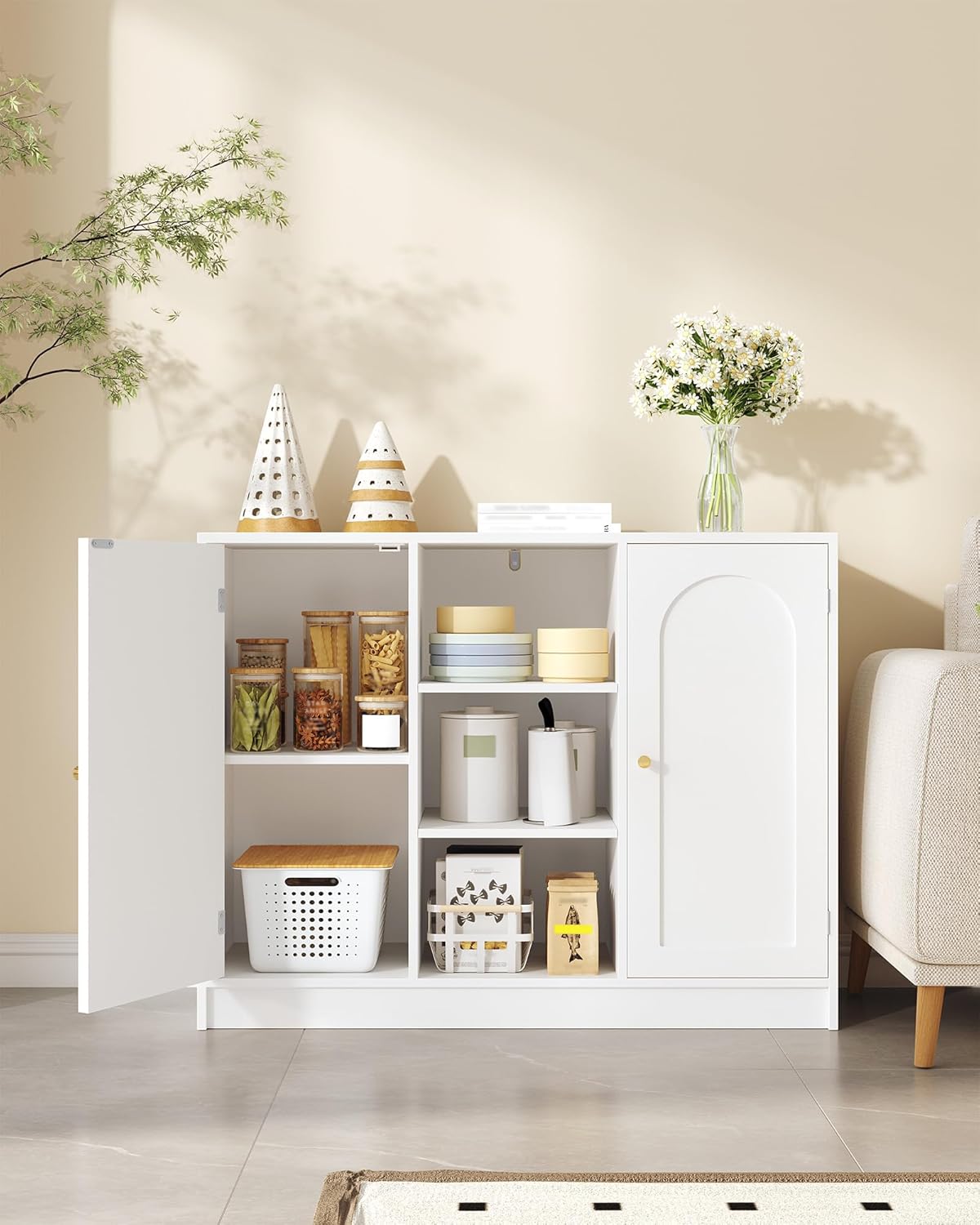 Hzuaneri SC21203X Bathroom Cabinet with 2 Doors, Kitchen Cabinet, Storage Cabinet, Sideboard with 3 Open Storage Compartments, Adjustable Shelf, Bathroom, Kitchen, 30 x 100 x 81.5 cm, White