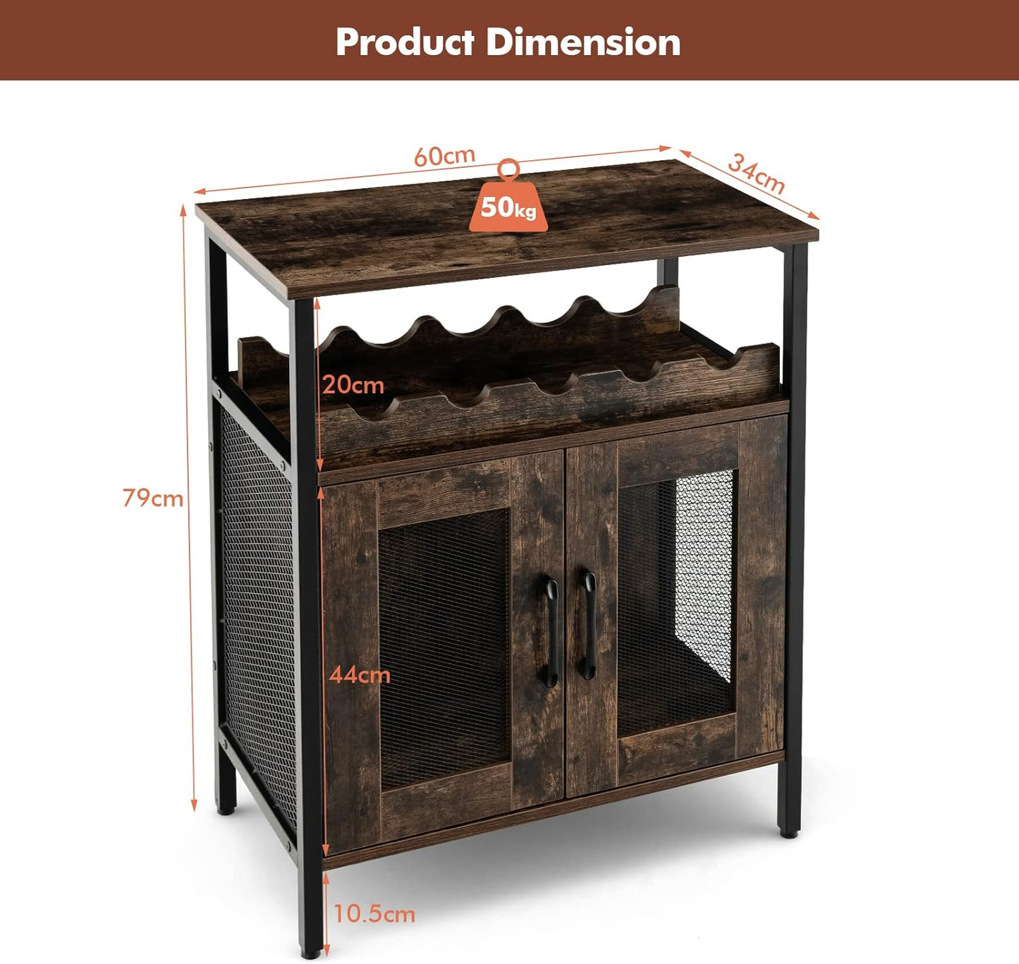 GIANTEX Weinschrank Barschrank Industrial, Weinbarschrank mit abnehmbarem Weinregal & 6 Glashalter, Küche Hausbar Küchenschrank mit Metallgittertüren, Sideboard Flaschenständer Weinständer 60x34x79cm