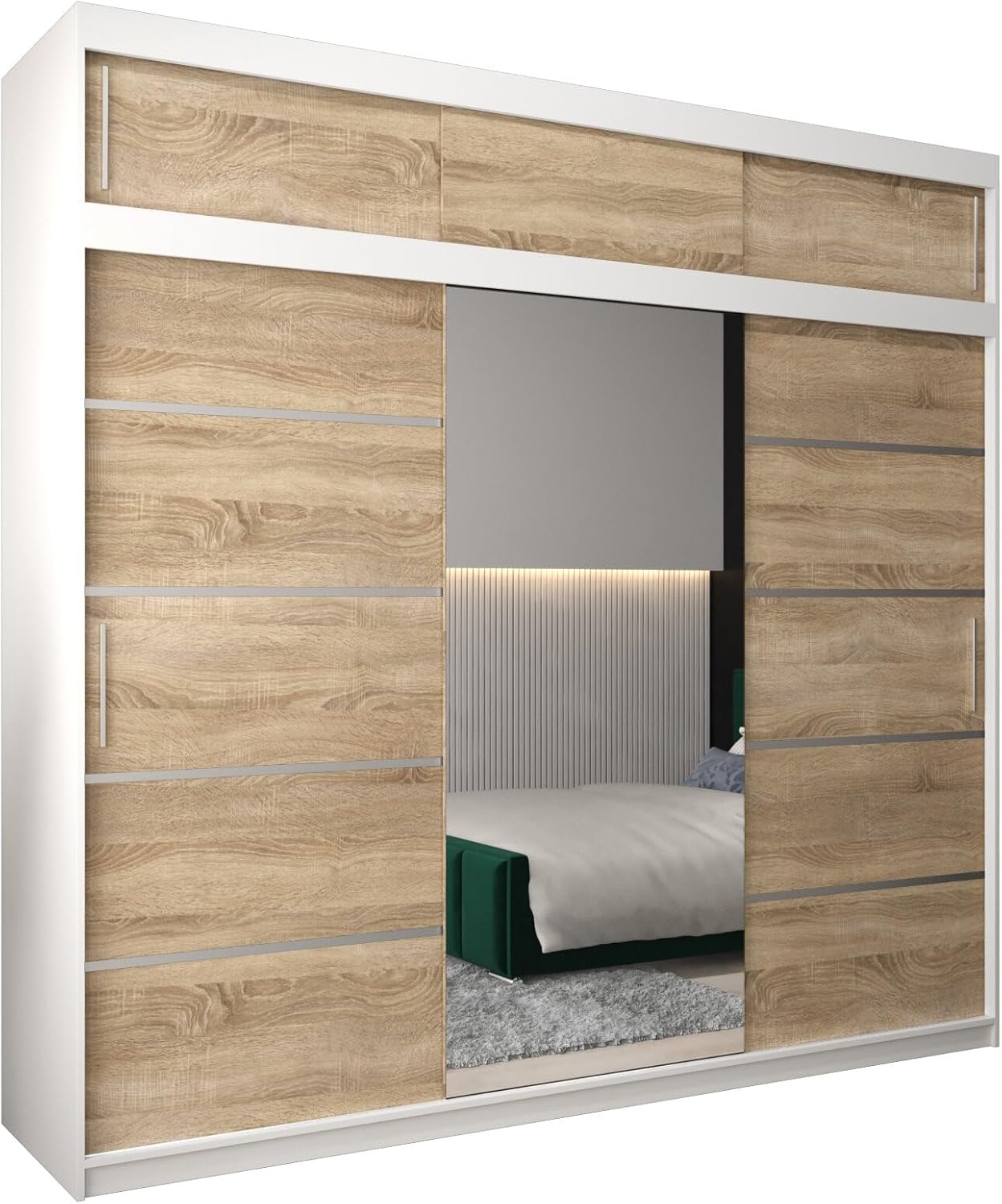 MEBLE KRYSPOL Kleiderschrank mit Spiegel Verona 2 - Garderobenschrank - Schrank Schlafzimmer - Mehrzweckschrank DREI Schiebetüren - Regalen - Flur Möbel - Kleiderstange Schrank - Allzweckschrank