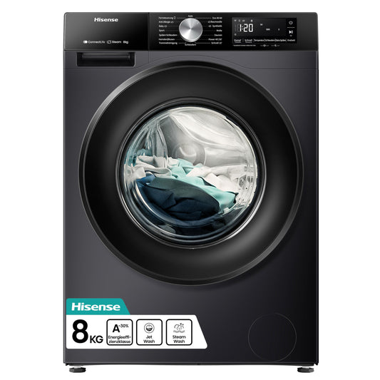 Hisense WF3S8043BB3 Waschmachine mit Dampffunkunktion, 8 kg, 1400 U,min, WIFI, ConnectLife, Power JetWash, Anti-Allergie Programm, Aqua Stop, Auto Wash, Quick Wash, EEK A-30 Prozent