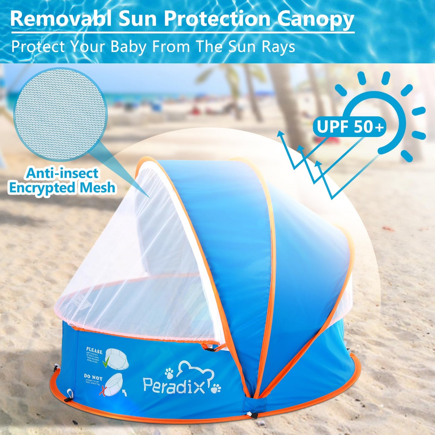 Peradix 4 in 1 Pop Up Baby Planschbecken,Babypool mit UV Schutz Bällepool, Baby Zelt Strandzelt mit Moskitonetz,Tragbare Spielzelt Bällebad Sonnenschutz Sommer für Jahre,(Blau)