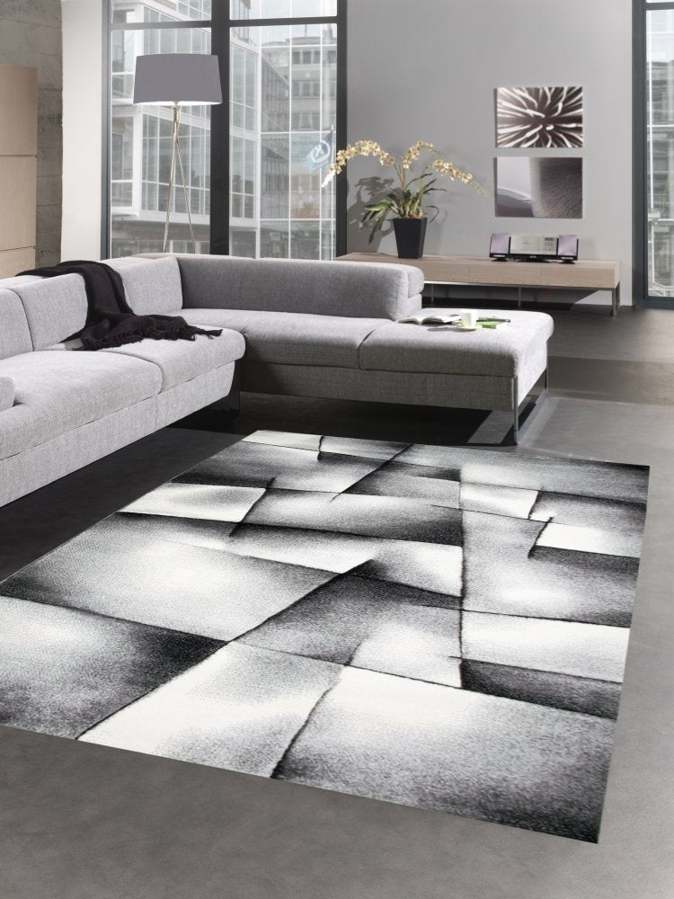 CARPETIA Modern Short Pile Living Room Rug Contour Cut Checked Abstract Grey Black White Turquoise Size 60 x 110 cm