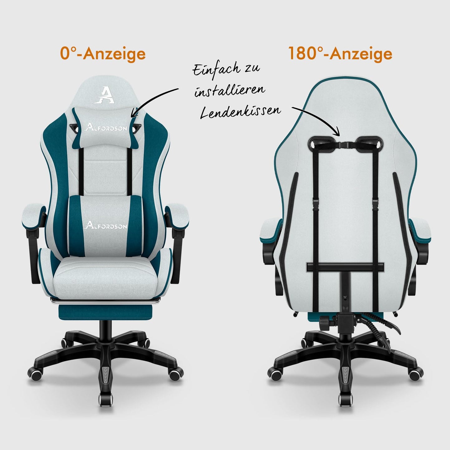 ALFORDSON Gaming-Stuhl mit Massage-Lendenwirbelkissen, ergonomischer Gamer-Racer-Stuhl mit Verstellbarer Rückenlehne, Drehstuhl mit Fußstütze, höhenverstellbar, Schwarz