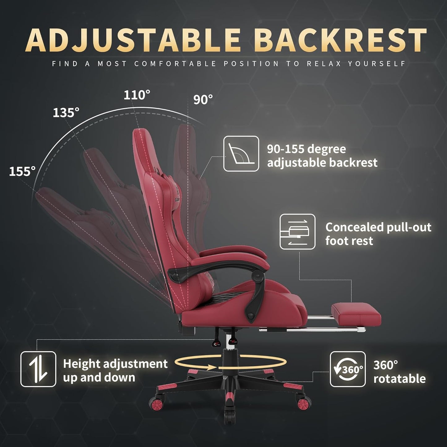 Gaming Chair, Ergonomic Office Chair, PC Chair, Gaming Chair, Lumbar Cushion and Footrest, PU Leather Gamer Chair, Adjustable Backrest from 90-155°, Height Adjustable 360° Swivel Chair (Pink)