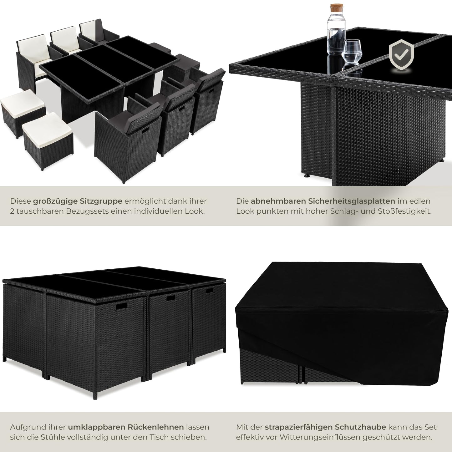 tectake Polyrattan Gartenmöbel Set, Sitzgruppe mit 6 Stühle +1 Glasplatte Tisch + 4 Hocker, Gartenlounge Set klappbar, für bis zu 10 Personen, Balkon Möbel, inkl. 2 Bezugsset - Natur