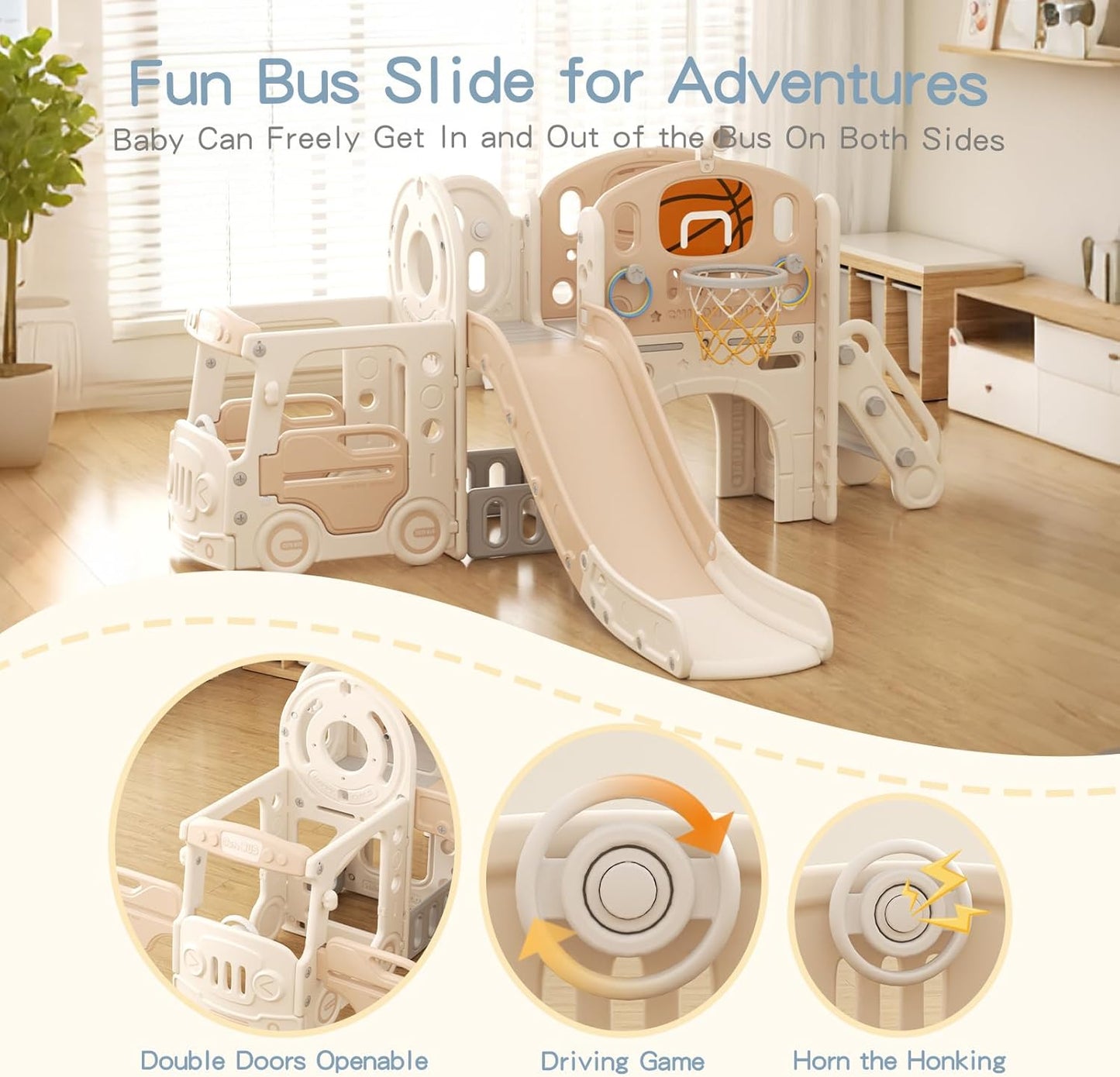 Kakbgee 8-in-1 Kinder Rutsche, Baby Slide, Mini-Bus, 2m HDPE Kinderrutsche - mit Geländer, Futschfesten Stufen, Tunnel, Stauraum, Gartenrutsche Spielplatz für Drinnen/draußen, ab 6 Monaten, Grau