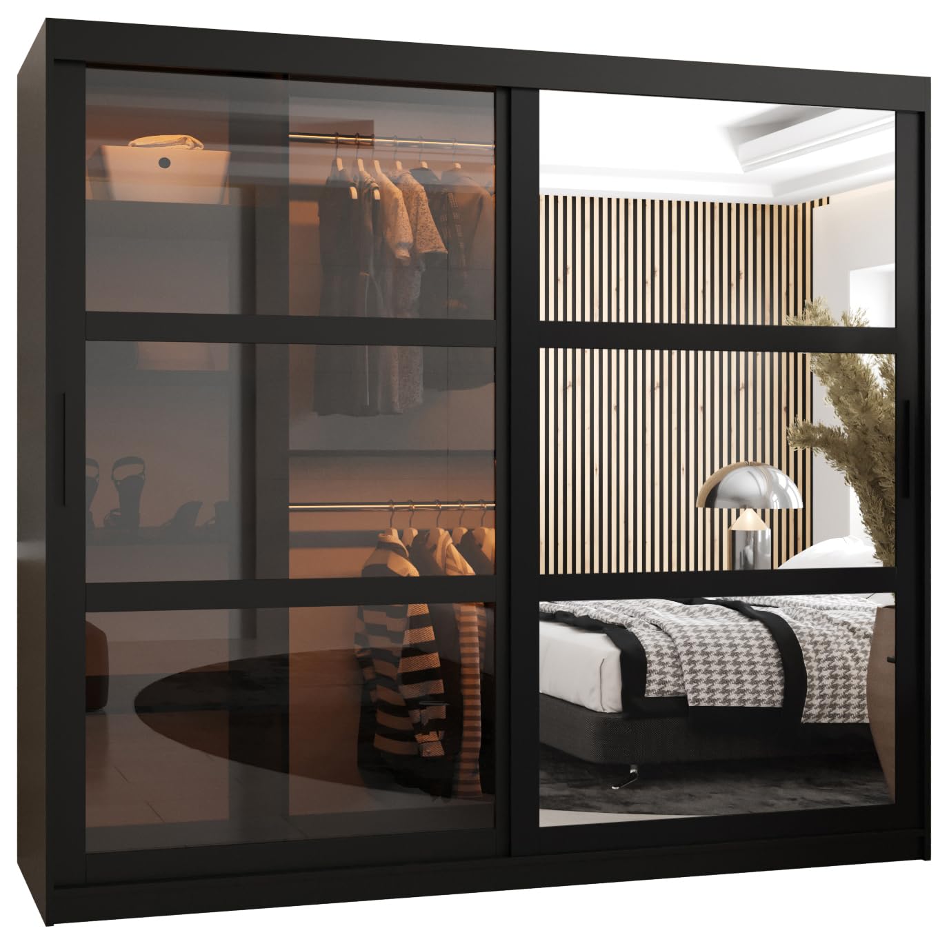 MEBLE KRYSPOL Dome 2 Schrank mit DREI Schiebetüren mit Spiegel, Stangen und Regalen - Aufbewahrungsschrank mit Rauchglas für Schlafzimmer, Wohnzimmer - 200x250x62cm - Schwarz, Schwarz, Schwarz