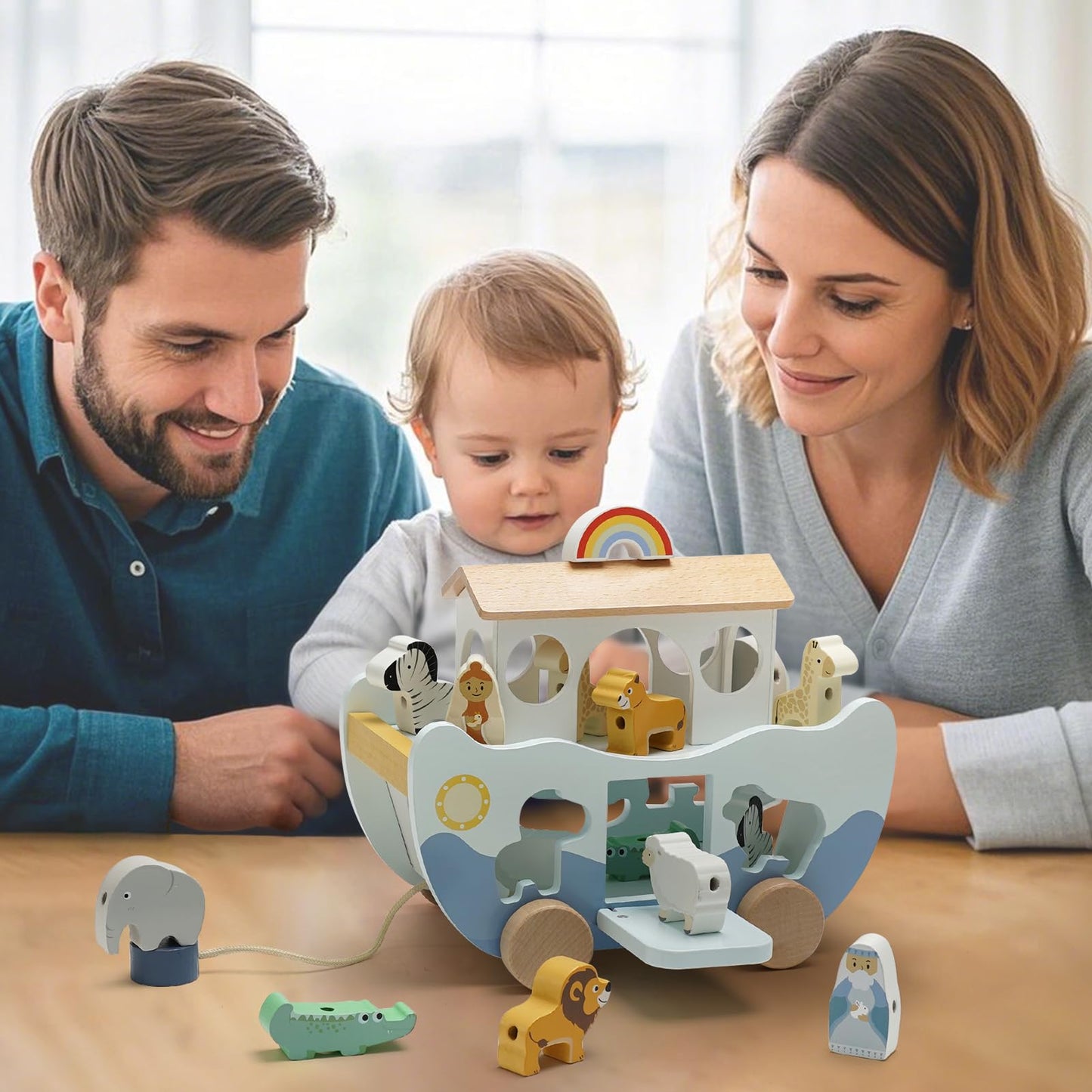 Joyreal Arche Noah Holz - Taufgeschenke für Mädchen Jungen Kinder, Geschenk Taufe, Montessori Spielzeug Lernspielzeug mit Bauernhof Spielzeug Sortier Stapel