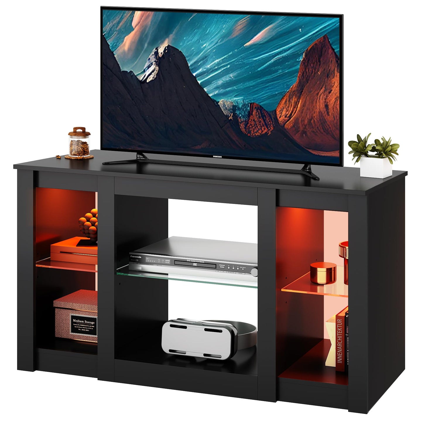WLIVE LED TV Cabinet, 166 x 39 x 56 cm, Lowboard for TVs up to 75 Inches, TV Stand with Adjustable Glass Shelf for Living Room, Bedroom (Black)