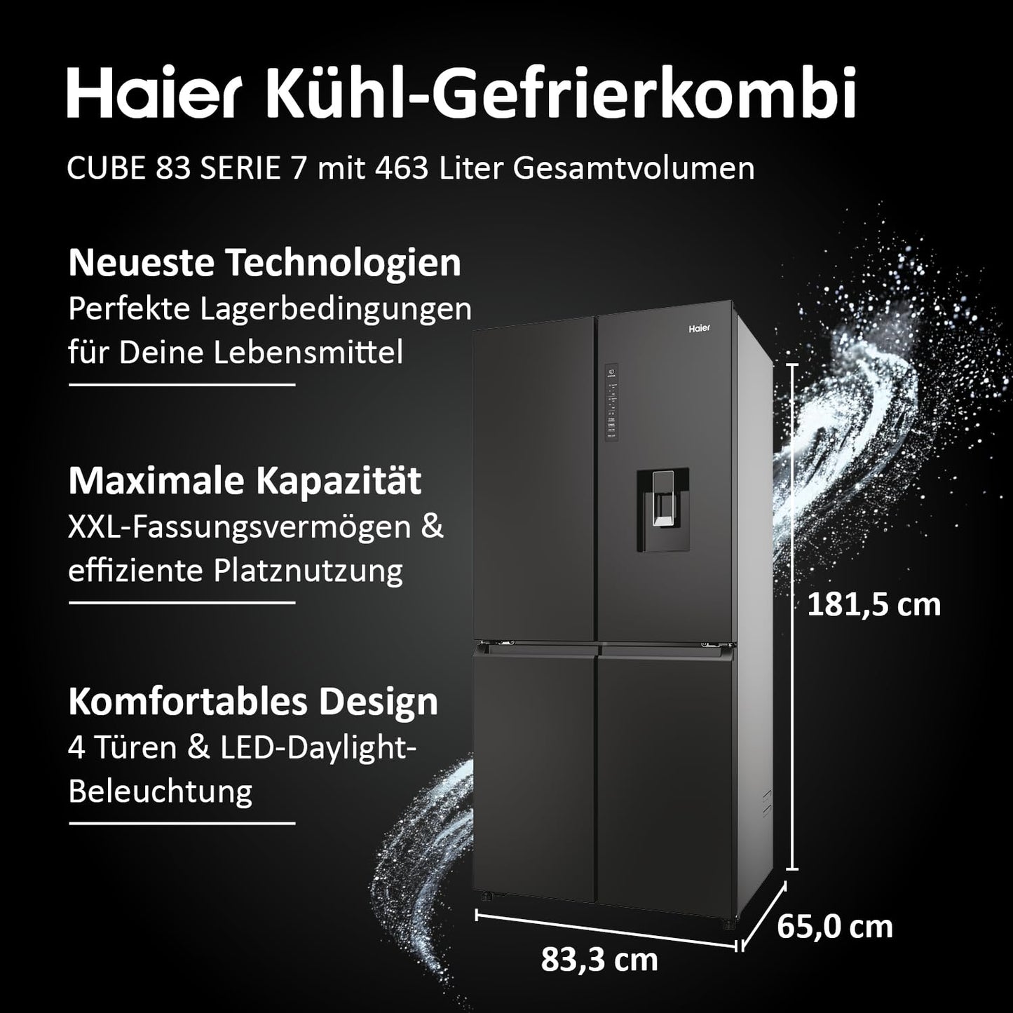 Haier Multi Door Kühl-Gefrierkombination I CUBE 83 SERIE 7 HCR7818DWPT I 4-türiger Kühlschrank mit Gefrierfach, XXL-Fassungsvermögen & 83cm Breite I 463L, Energieklasse D I Wasserspender & No Frost