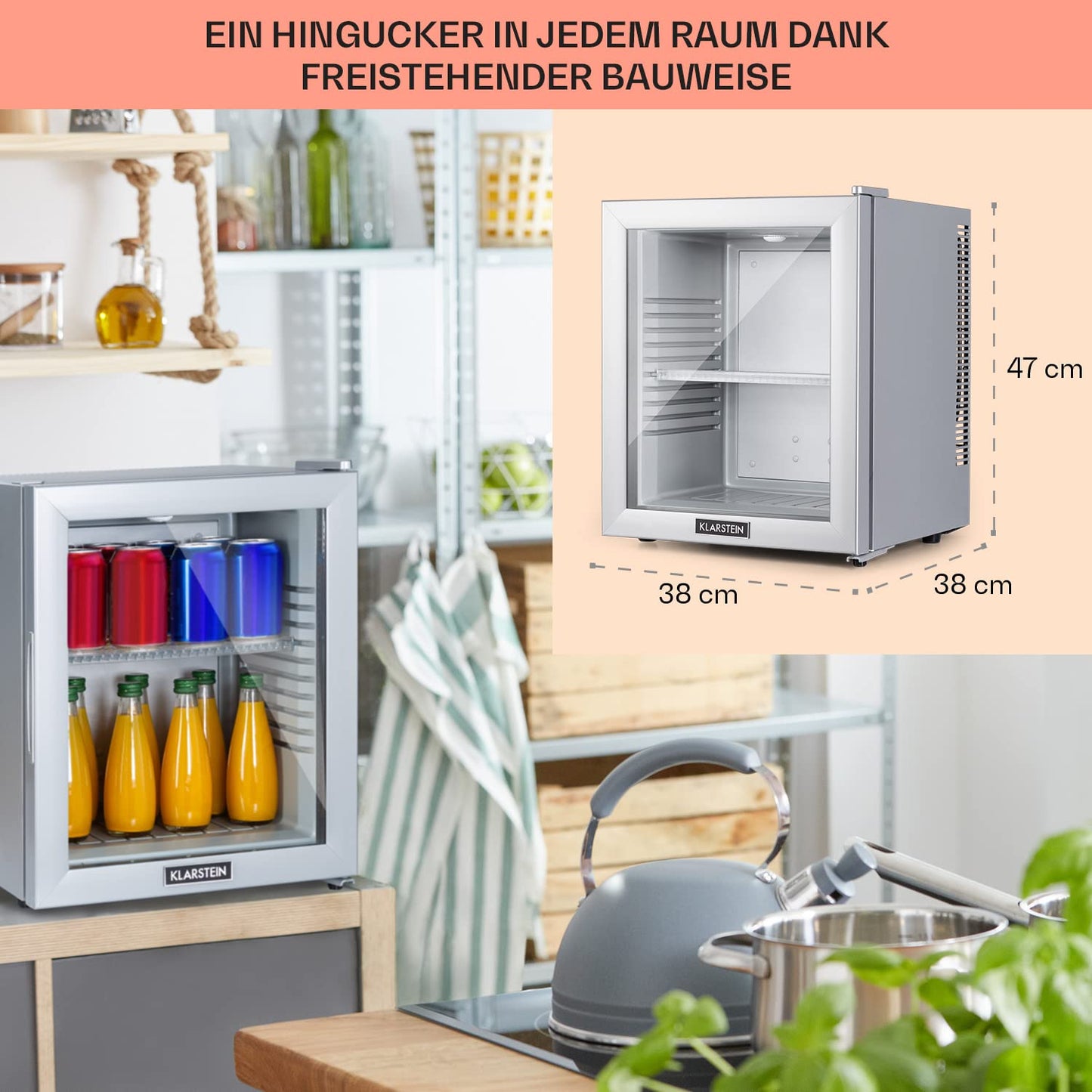 Klarstein Kühlschrank, Mini Kühlschrank mit Glastüre, Mini-Kühlschrank für Getränke, Snacks & Kosmetik, Kühlschrank Klein & Leise, Verstellbare Ablagen, Kleiner Skincare Kühlschrank 12-18°C, 23L