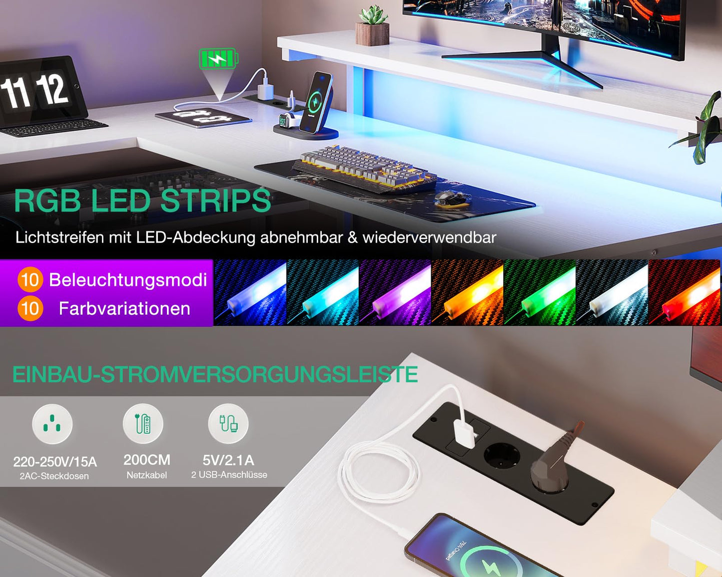 ODK Schreibtisch mit Schubladen, Reversible Eckschreibtisch mit 2 Steckdosen und 2 USB Ladeanschluss, Bürotisch L Form mit LED für Home Office 135×110cm (Graueiche)
