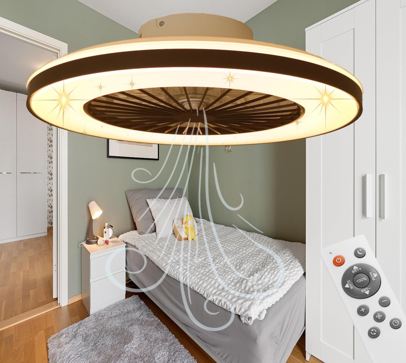 HSL LED Ceiling Light with Fan, Diameter 50 cm, Ceiling Fan with Lamp, Star Effect, Continuous Ventilation Speeds, Effortless Light Dimming, with Remote Control, 3000-5500 K, 4300 Lm, Air Conditioner