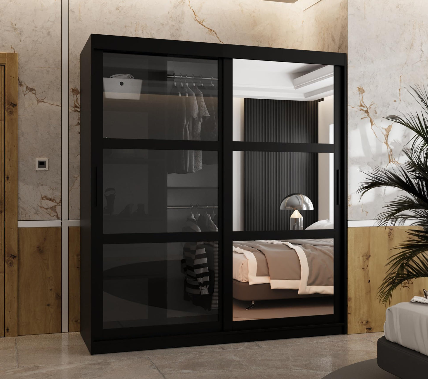 MEBLE KRYSPOL Dome 2 Schrank mit DREI Schiebetüren mit Spiegel, Stangen und Regalen - Aufbewahrungsschrank mit Rauchglas für Schlafzimmer, Wohnzimmer - 200x250x62cm - Schwarz, Schwarz, Schwarz