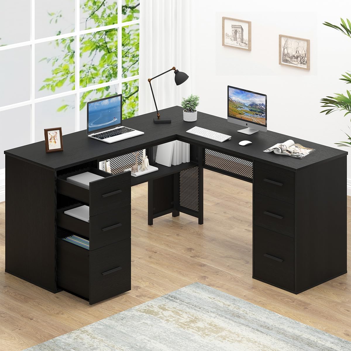 HSH - Black L Shape Corner Desk with Filing Drawers and Shelves, Reversible Corner Desk Made of Metal and Wood with Storage Cabinets