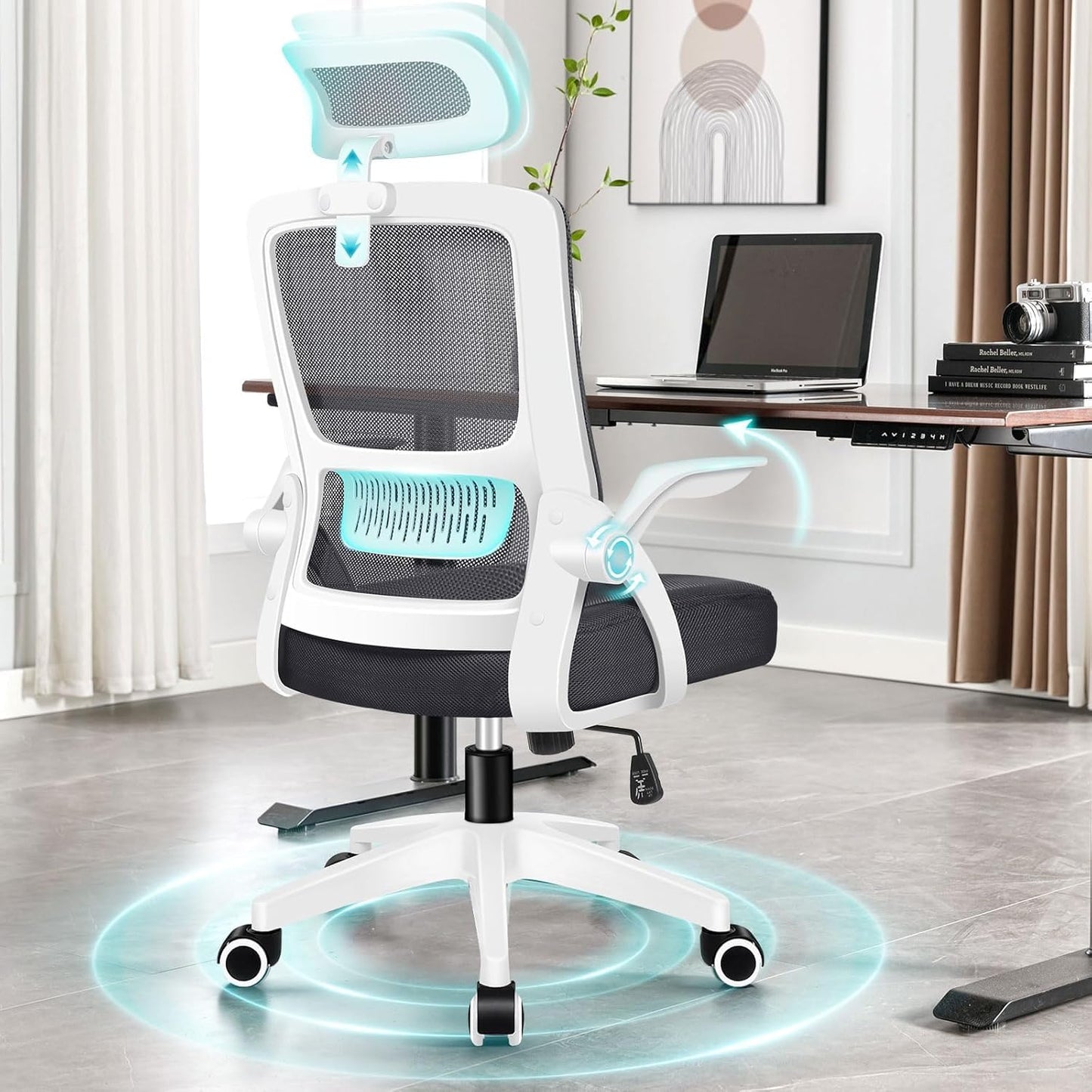 ALFORDSON Ergonomic Office Desk Chair, Computer Chair with Dynamic Lumbar Support, Tilting Swivel Chair with Flip Up Armrest, Black