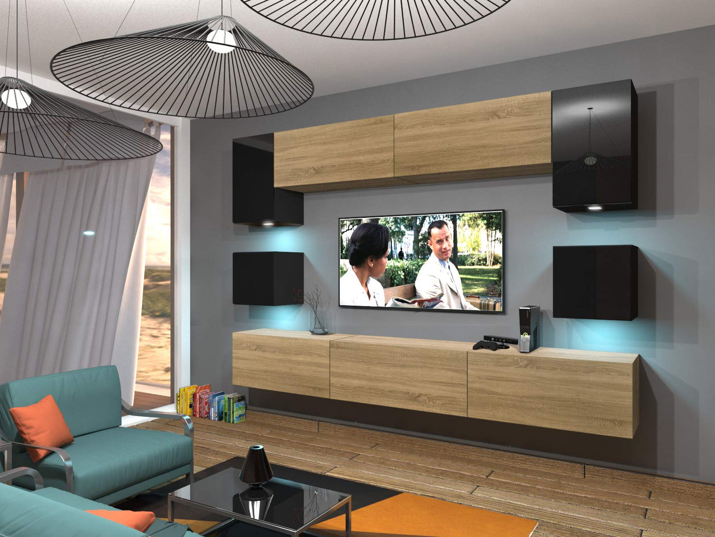 Furnitech Living Room Wall Unit | Hanging Living Room Wall Unit Modern | Living Room Cabinet Wall with Shelves and TV Cabinet | Living Room Furniture without LED (Nowara AN1-17S-M50 1A)