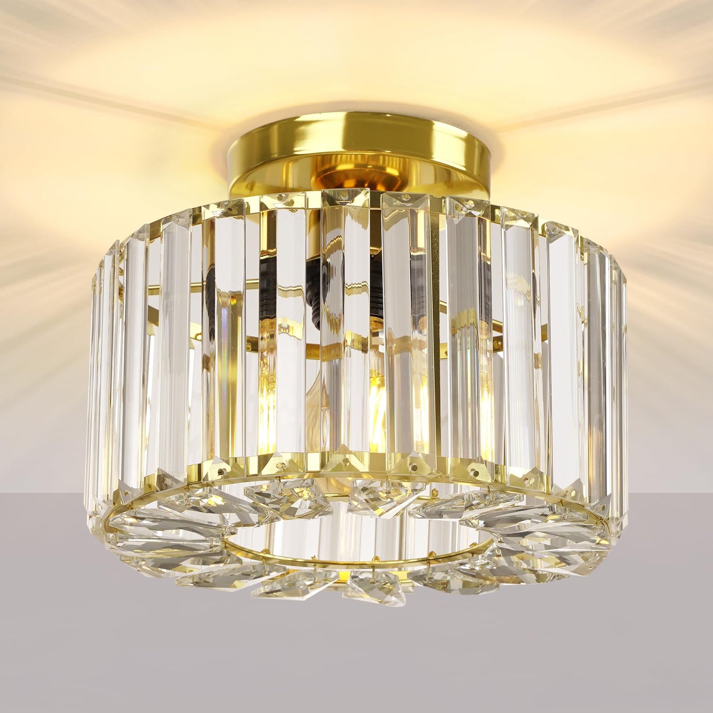 FRIDEKO HOME Modern Kronleuchter Kristall Deckenleuchte Gold,Kleine Kristall Deckenlampe E27 Fassung für Wohnzimmer Schlafzimmer Küche Flur,Ø23cm