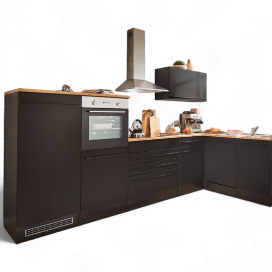 Jazz 4 Modern Corner Kitchen with Electrical Appliances in White High Gloss, Metallic Grey - Spacious Kitchen Unit in L-Shaped with Lots of Storage Space - 320 x 200 x 60 cm (W x H x D)