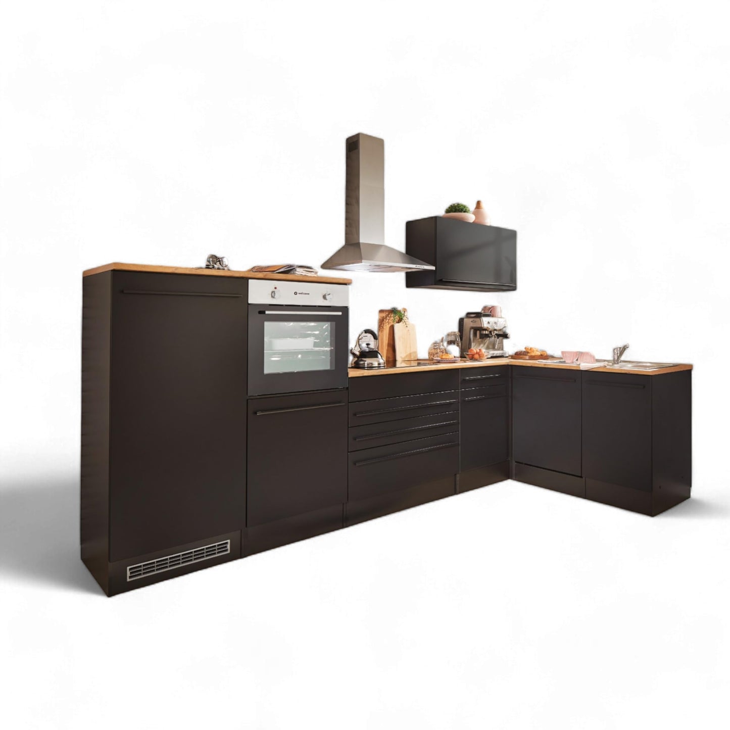 Jazz 4 Modern Corner Kitchen with Electrical Appliances in White High Gloss, Metallic Grey - Spacious Kitchen Unit in L-Shaped with Lots of Storage Space - 320 x 200 x 60 cm (W x H x D)