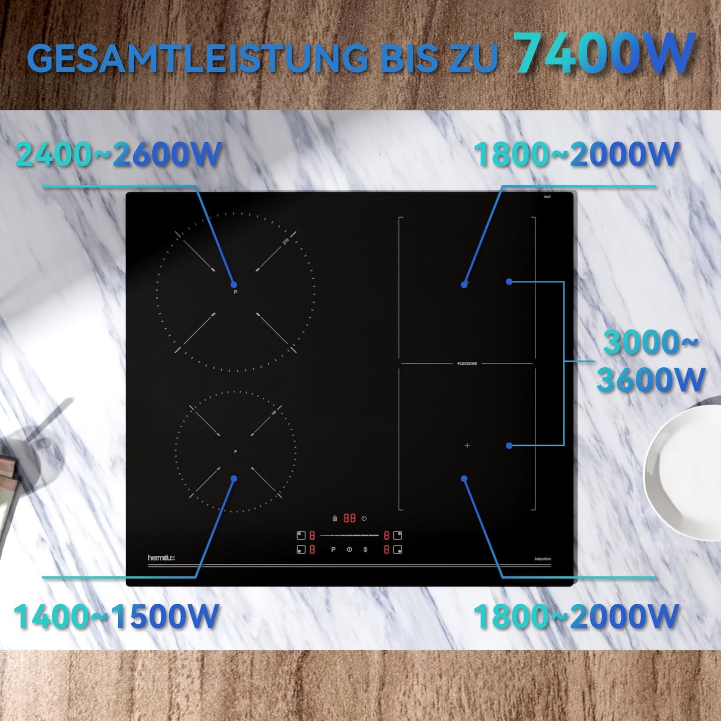 Hermitlux kochfeld 28,8cm, Glaskeramik Kochfeld 2 Platten, 9 Leistungsstufen, Touch-Steuerung, Timer, Kindersicherung, Geeignet für Alle Töpfe, 3300W