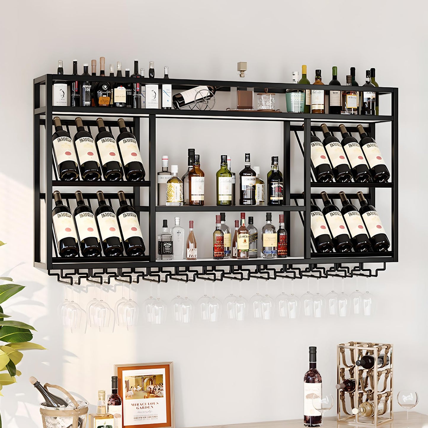 amhricho Wandweinregal Metall, Industrielles Wandmontierte Weinregal mit Glashalter, Schwebendes Regal für Bareinheiten, für Zuhause, Restaurant, Bar (Black, 80 * 25 * 70CM)