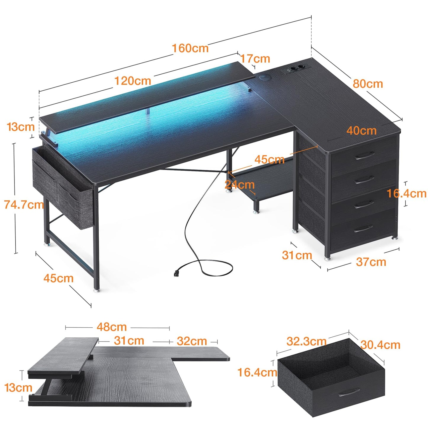 ODK Eckschreibtisch mit 4 Stoff Schubladen, 160x80cm Reversible Schreibtisch L Form mit 2 Steckdosen und 2 USB Ladeanschluss, Gaming Tisch L Form mit LED&Monitorständer für Home Office, Schwarz