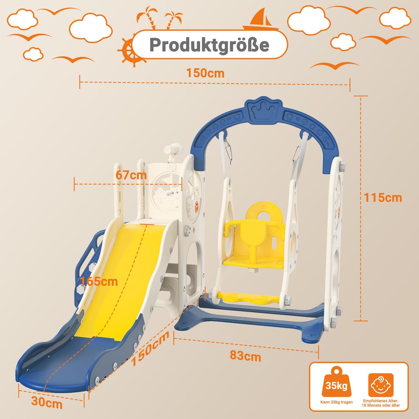 BestAlice 4 in 1 Kinderrutsche Set für Outdoor und Innen, Spielplatz mit Schaukel, Basketballkorb, Kletterleiter, Indoor- und Outdoor-Spielset, 18 Monate + (Blau)