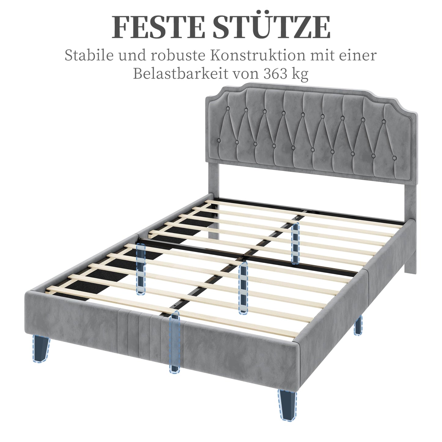 Yaheetech Upholstered Double Bed 140 x 200 cm Fabric Bed Youth Bed Padded Bed with Height-Adjustable Headboard Bed Frame with Slatted Frame, Dark Grey