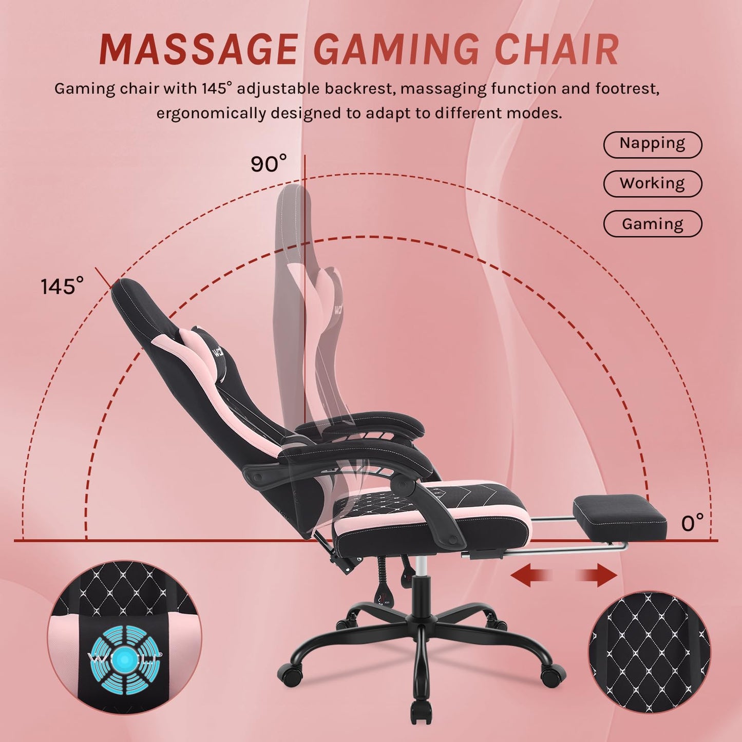 WOLTU Gaming Stuhl mit Massagefunktion, Computerstuhl Ergonomisch, Taschenfederkissen, Lendenmassage, Kopfkissen, Fußstütze, Drehstuhl, 150 kg, Netzstoff, Rosa+Weiß