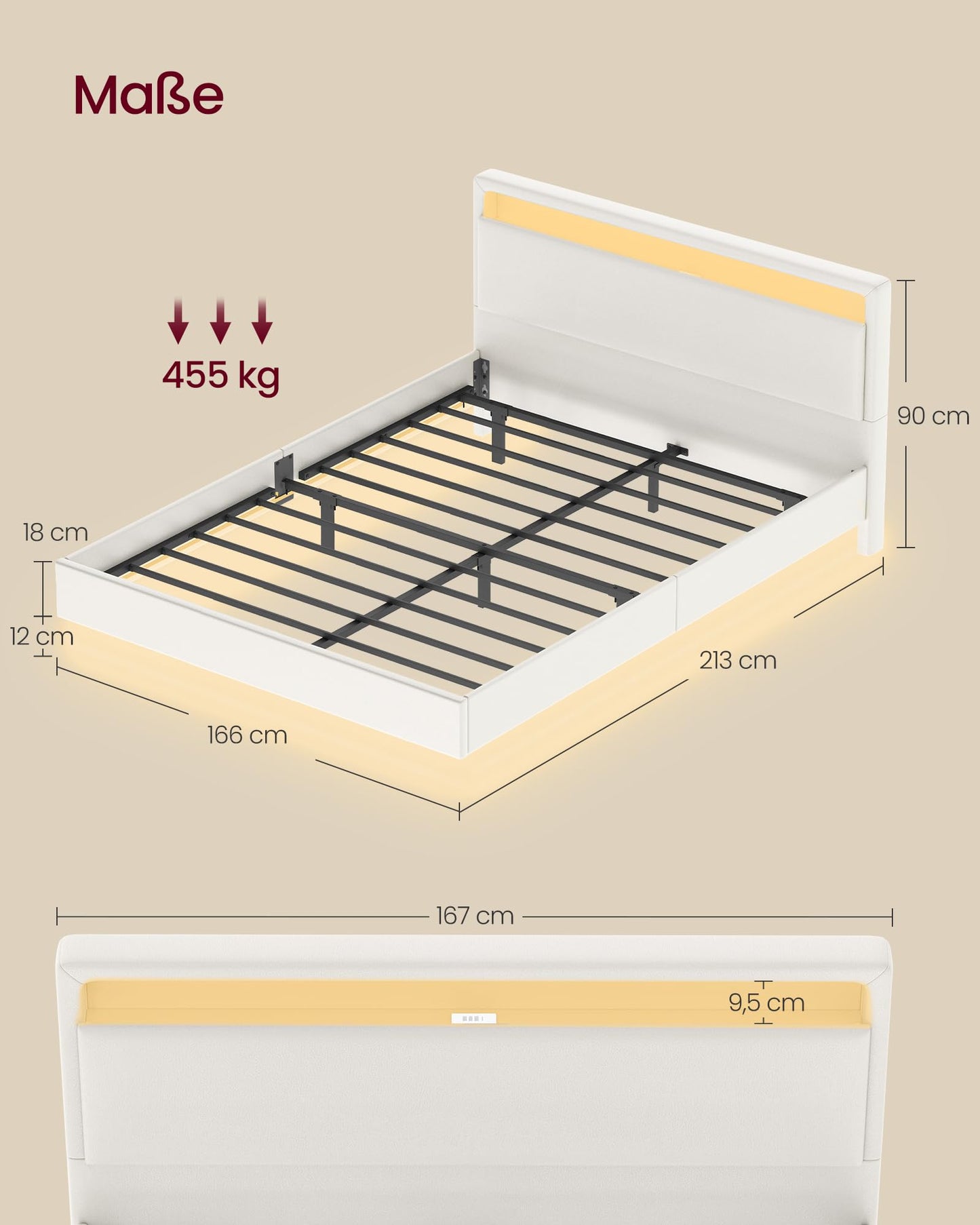 VASAGLE Double Bed Frame 140 x 200 cm Floating Visual Effect Bed with LED Lighting High Headboard Charging Station Modern Cloud White RMB864W01