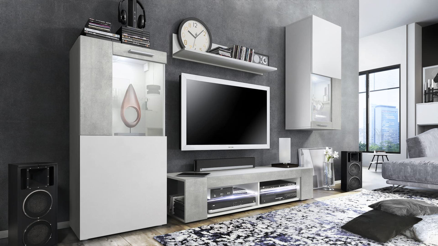 Vladon Wohnwand Movie, Anbauwand bestehend aus 1 TV-Board, 2 Vitrinen und 1 Regal, Weiß matt/Weiß matt/Weiß Hochglanz (Gesamt: 300 x 190 x 39 cm)