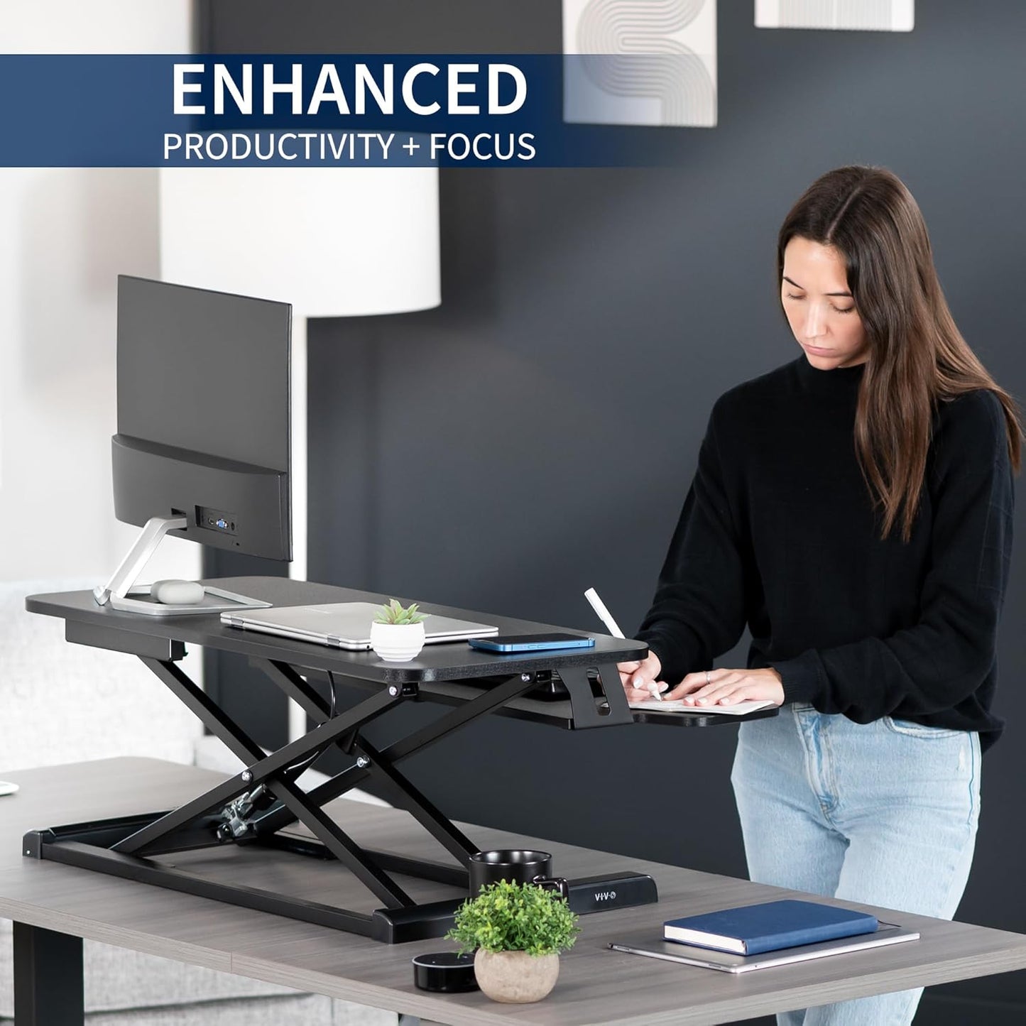 VIVO 32” Stehpult-Konverter mit höhenverstellbarem Aufsatz, Steh-Sitz-Arbeitsplatz für zwei Monitore und Laptop, mit breiter Tastaturablage, Schwarz, DESK-V000K