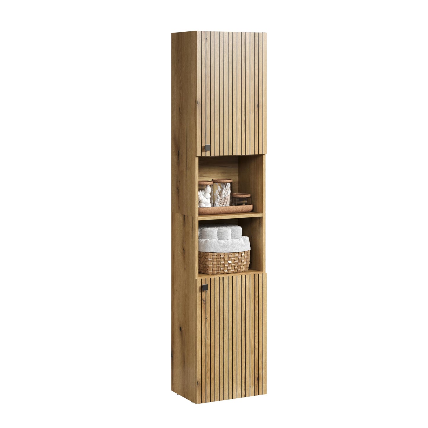 trendteam smart living - PureBliss - Hochschrank - Eiche - Badezimmerschrank in moderner Rillenoptik - edle Metallgriffe - (BxHxT) 40 x 186 x 31 cm - 2 praktische Einlegeböden - kratzfest