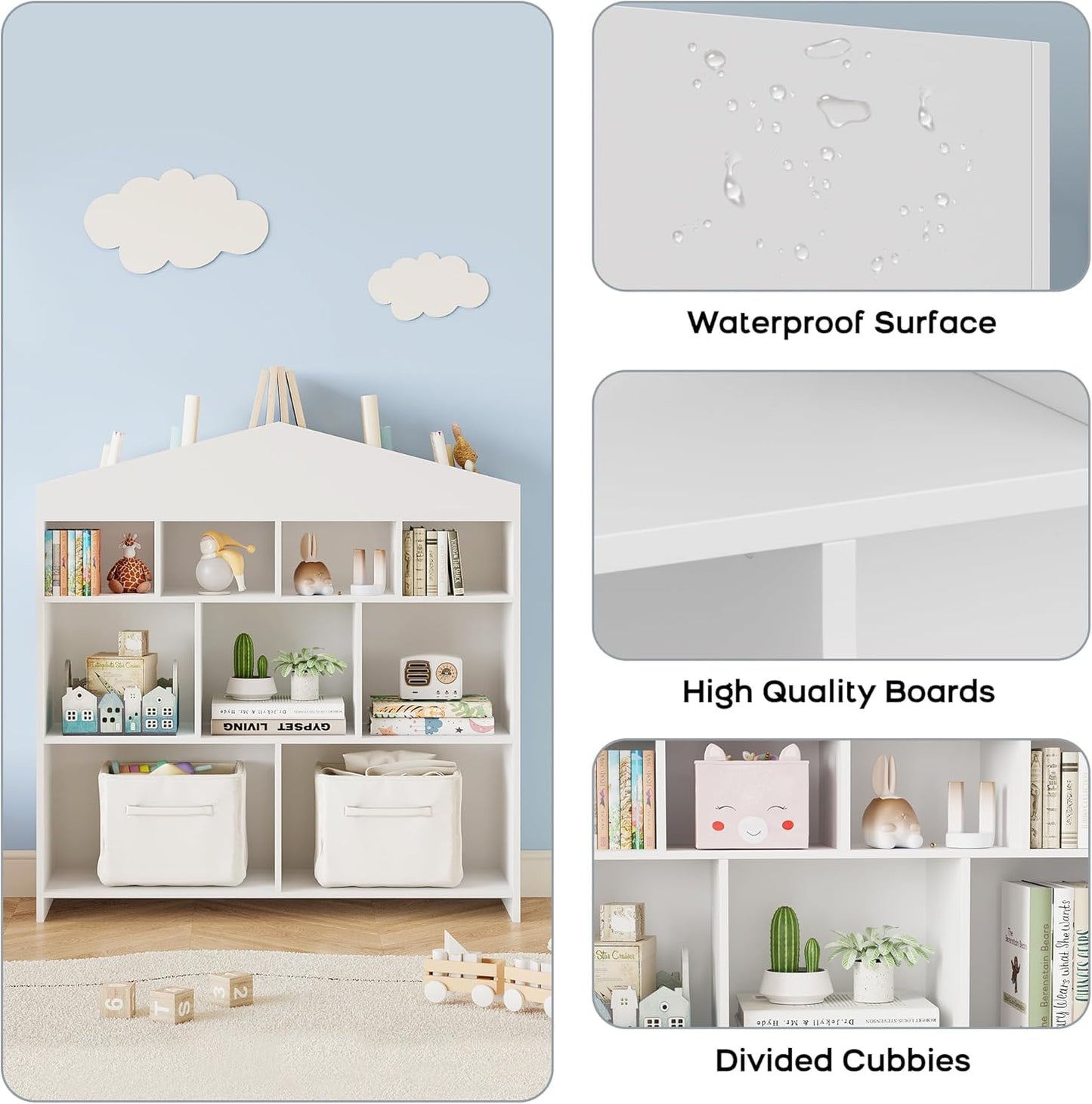 Garvee Kinder Bücherregal mit Lese Breite Kinder Bücherregal 6-Cubby Spielzeug Aufbewahrung Organizer Sitzkissen Holz Aufbewahrungsbank Spielhaus Schrank Kinderzimmer, Spielzimmer Weiß 121x30x107cm