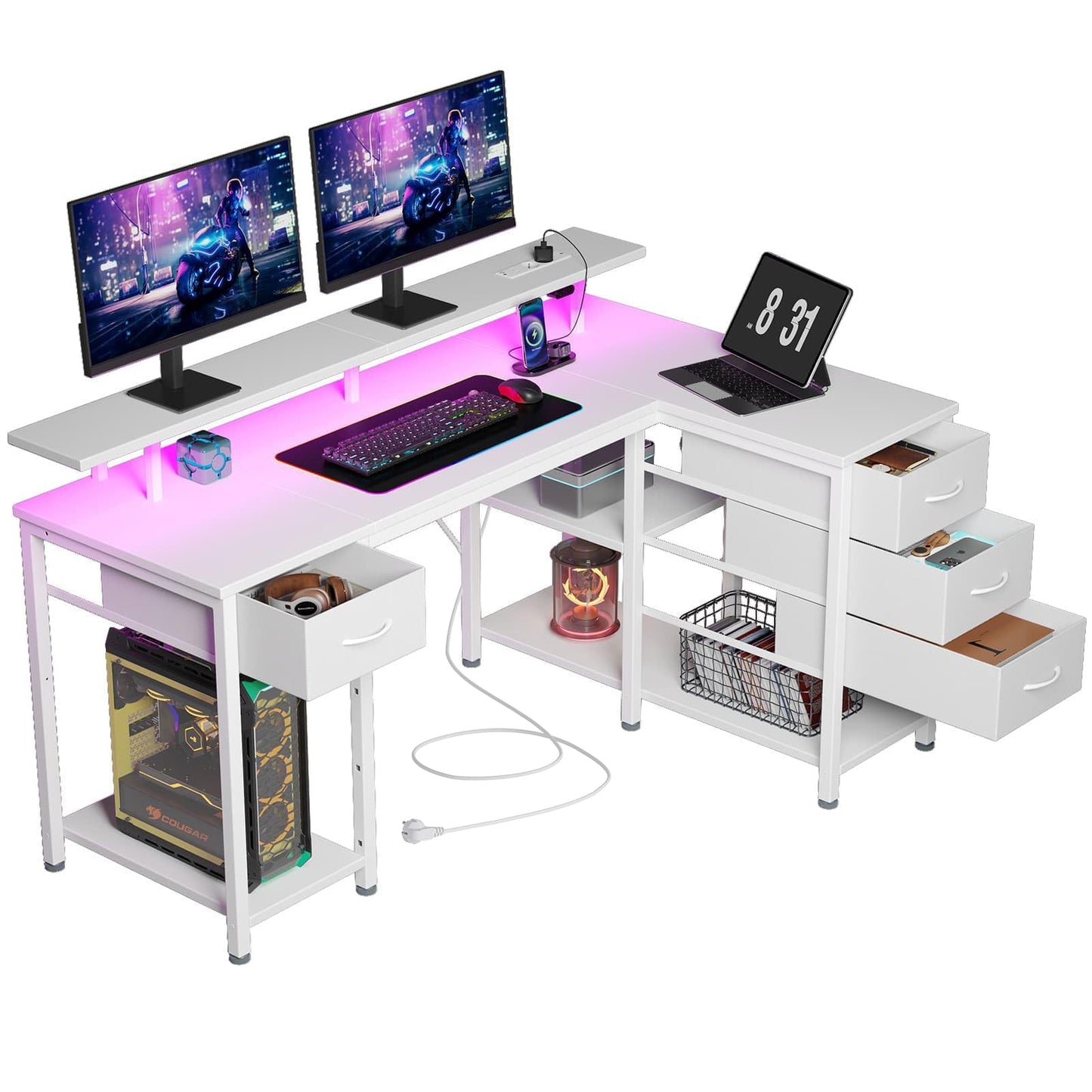 Seventable Computertisch L Form mit 4 Schubladen & Ablageflächen, Gaming Tisch mit LED & Steckdosen, Gaming Schreibtisch mit Monitorständer für Homeoffice, Schlafzimmer, Wohnzimmer (Weiß, 140 cm)