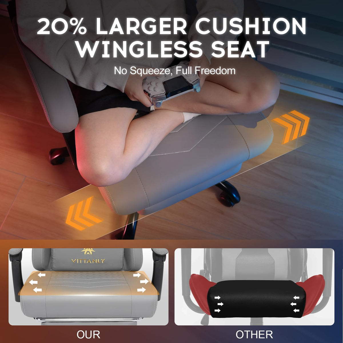 Vittanly Gaming Chair with Spring Cushion, Ergonomic Gaming Chair, Gamer Chair with Headrest, Lumbar Cushion and Footrest, Height-Adjustable Rotating Gaming Chair, Office Chair, 150 kg, Black