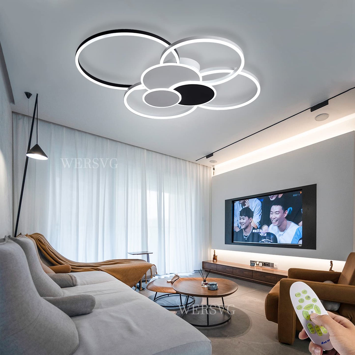 WERSVG L80cm Modern LED Deckenleuchte Wohnzimmer Deckenlampe gold 6-Ring Deckenleuchte 70W 5600LM Dimmbar 3500K - 6500KMit Fernbedienung flurlampe decke, für Wohnzimmer Schlafzimmer Küche Esszimmer