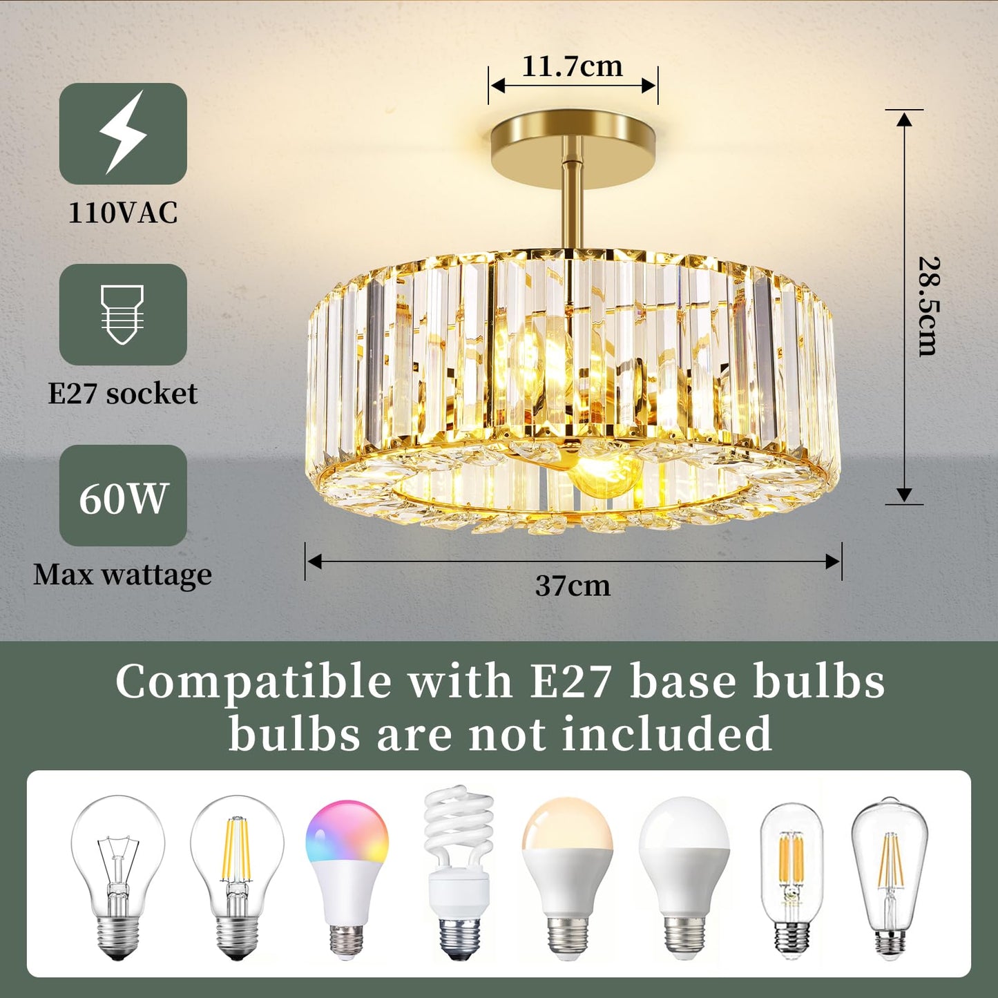 FRIDEKO HOME Modern Kronleuchter Kristall Deckenleuchte Gold,Kleine Kristall Deckenlampe E27 Fassung für Wohnzimmer Schlafzimmer Küche Flur,Ø23cm