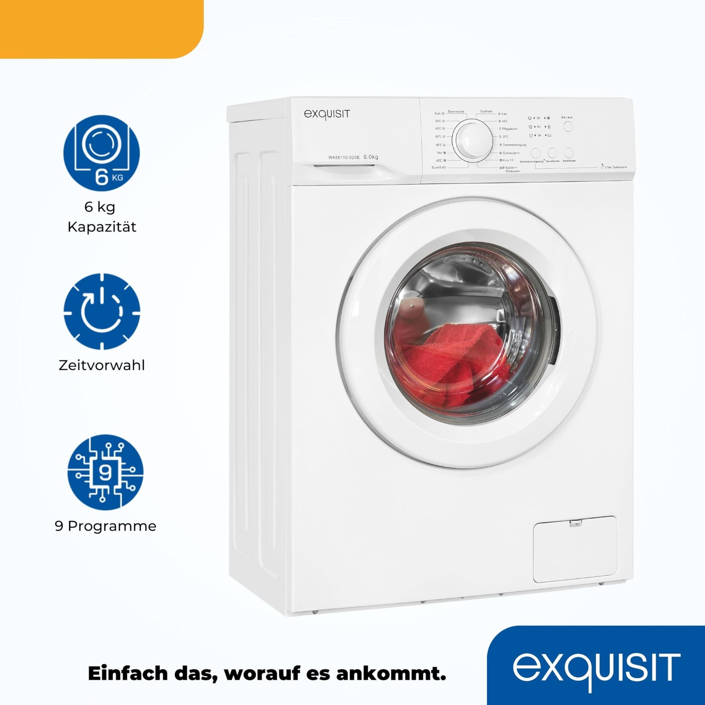 Exquisit Waschmaschine 6kg, Energieeffizienzklasse A, max. 1000 U/min, ECO 40-60, Kurzprogramm, Kindersicherung, 16 Waschprogramme, WA56110-020A weiss