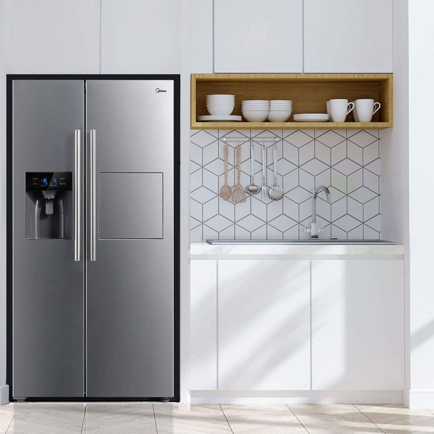 Midea KS-DDX 6.32 WT Side-by-Side Kühl-/Gefrierkombination/ 178,8 cm Höhe/ 254 kWh/Jahr/No Frost/Dual Inverter Compressor/mit 3in1 Wasser-/Eisspender und Wassertank, Dark Inox
