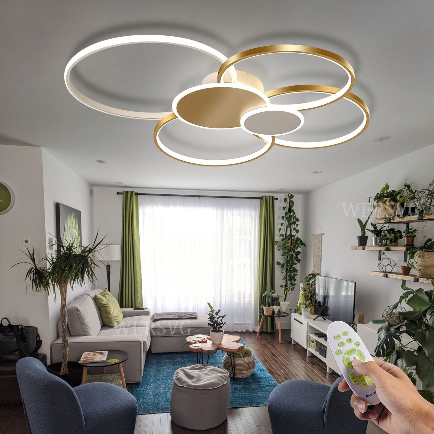 WERSVG L80cm Modern LED Deckenleuchte Wohnzimmer Deckenlampe gold 6-Ring Deckenleuchte 70W 5600LM Dimmbar 3500K - 6500KMit Fernbedienung flurlampe decke, für Wohnzimmer Schlafzimmer Küche Esszimmer