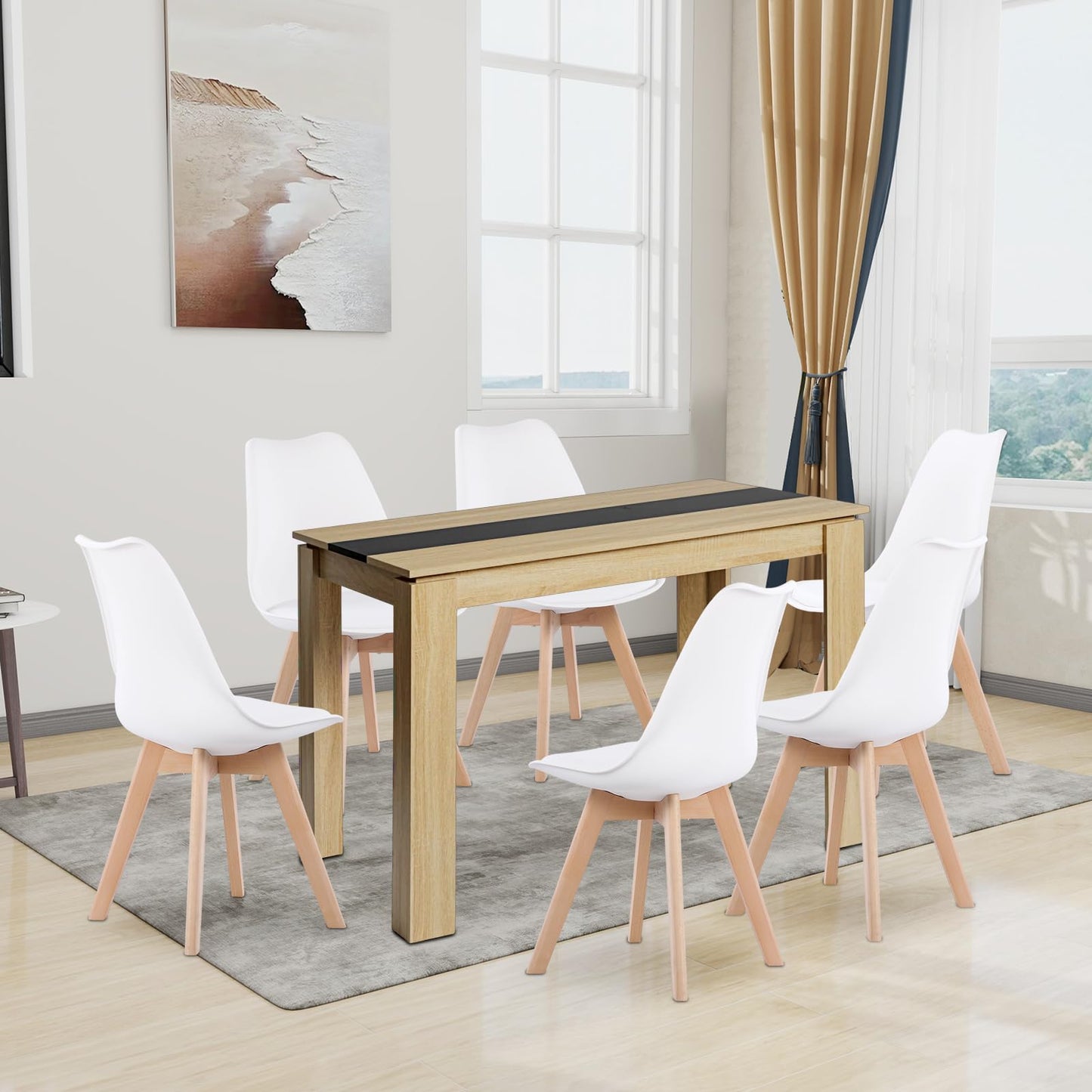 FURNITABLE Dining Table with 6 Chairs, Dining Room Group, Set of 6 Dining Room Chairs and 140 cm Rectangular Wooden Table Dining Set for Living Room, Kitchen, Office (Oak-Black Table + 6 Black Chairs)