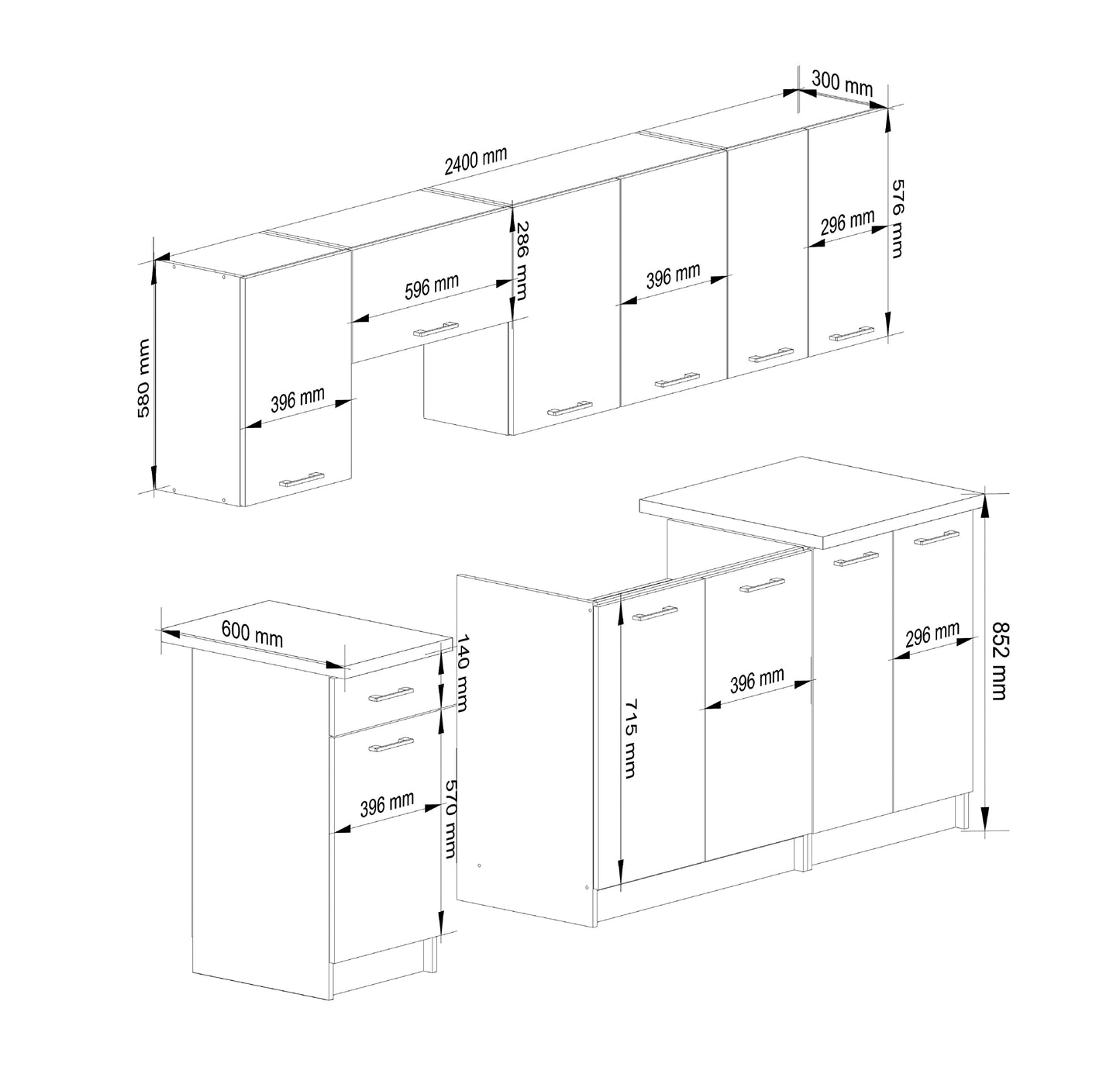 AKORD Küchenmöbel-Set OLIWIA 2.4m Modulares 240 cm 11 Türen 1 Schublade, Küche Komplett, Kitchen Cabinet Set, Küchenschränke, Standschränke, B240xH203xT46 cm, Beton & Beton