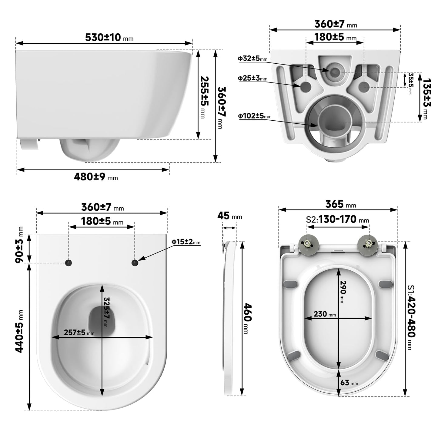 Rainsworth Spülrandlos Wand-WC Tiefspül Toilette - Hänge Toiletten mit effizienter Spültechnik, Kloschüssel inklusive WC-Sitz mit Absenkautomatik und Schnellspanner, Weiß, 48,5 cm lang