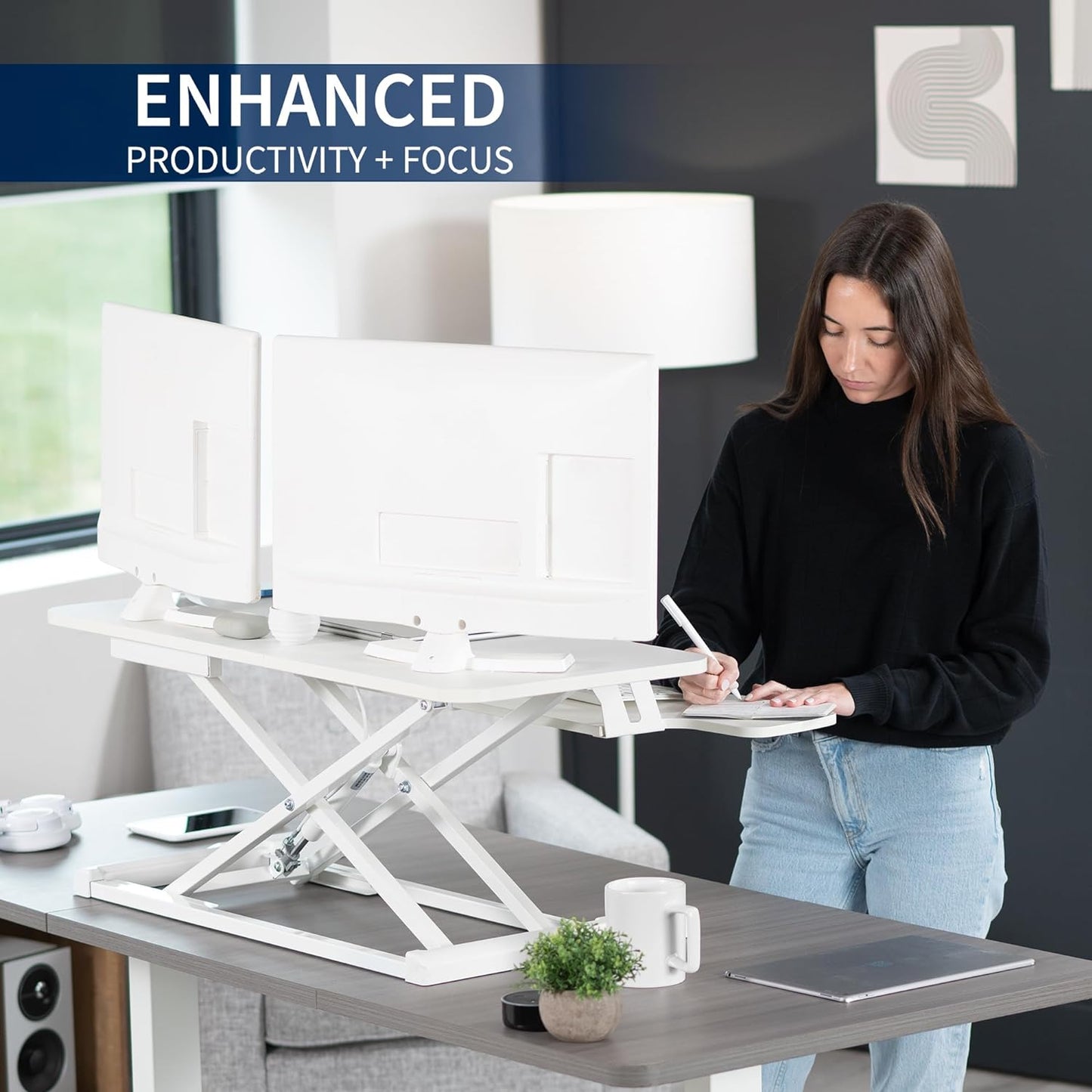 VIVO 32” Stehpult-Konverter mit höhenverstellbarem Aufsatz, Steh-Sitz-Arbeitsplatz für zwei Monitore und Laptop, mit breiter Tastaturablage, Schwarz, DESK-V000K