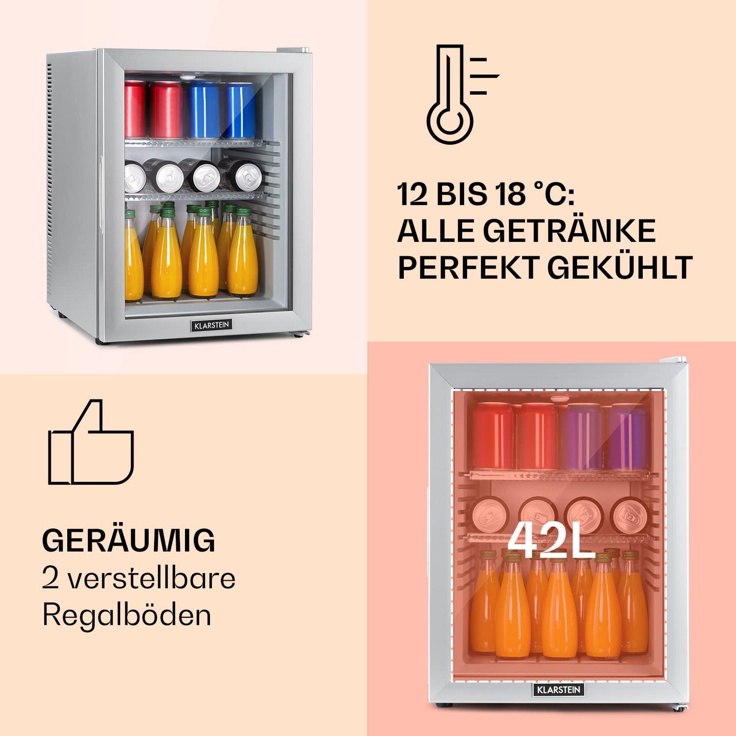 Klarstein Kühlschrank, Mini Kühlschrank mit Glastüre, Mini-Kühlschrank für Getränke, Snacks & Kosmetik, Kühlschrank Klein & Leise, Verstellbare Ablagen, Kleiner Skincare Kühlschrank 12-18°C, 23L