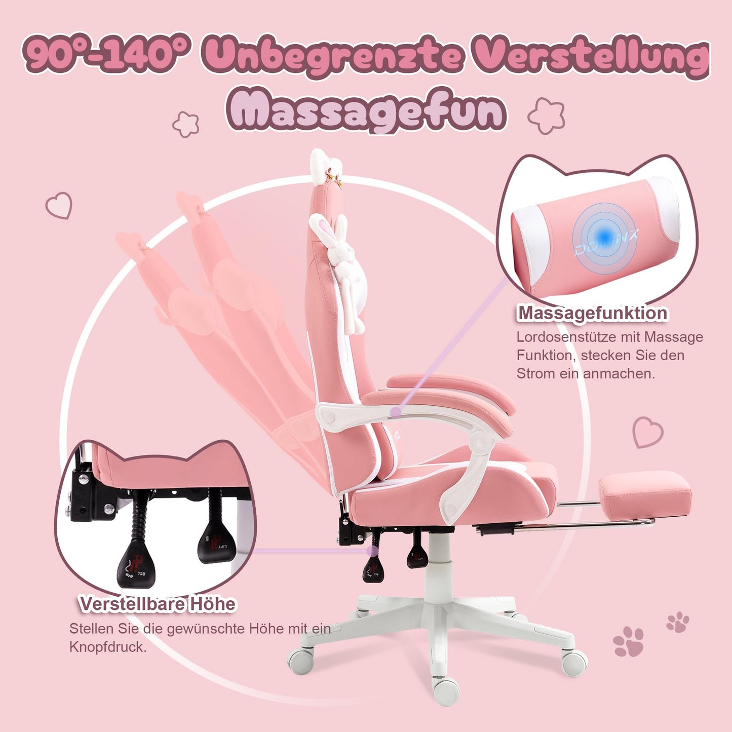 Dowinx Gaming Chair - Cute Cat Edition - Ergonomic Computer Chair with High Back and Lumbar Support, PU Leather, Footrest, Black