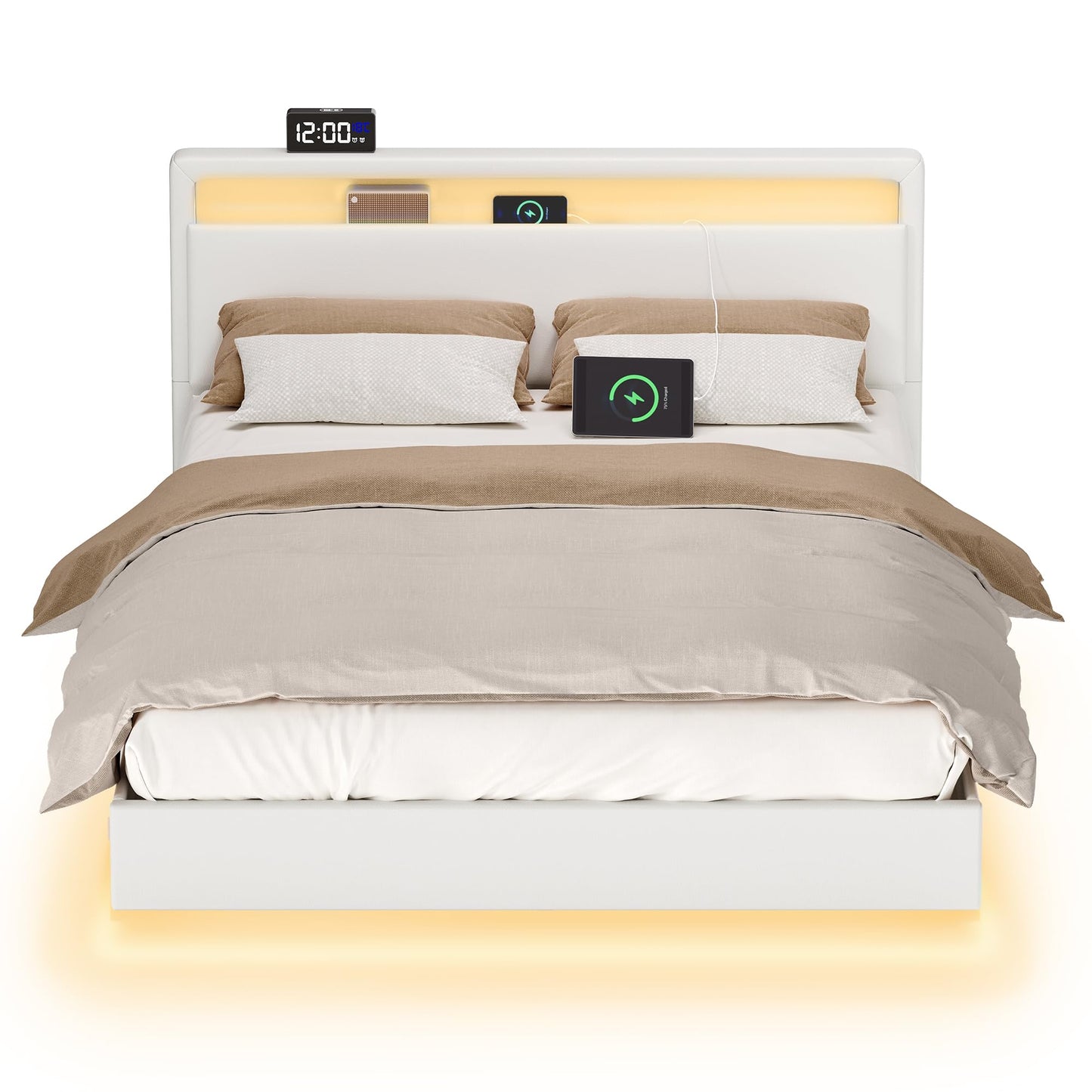 VASAGLE Double Bed Frame 140 x 200 cm Floating Visual Effect Bed with LED Lighting High Headboard Charging Station Modern Cloud White RMB864W01